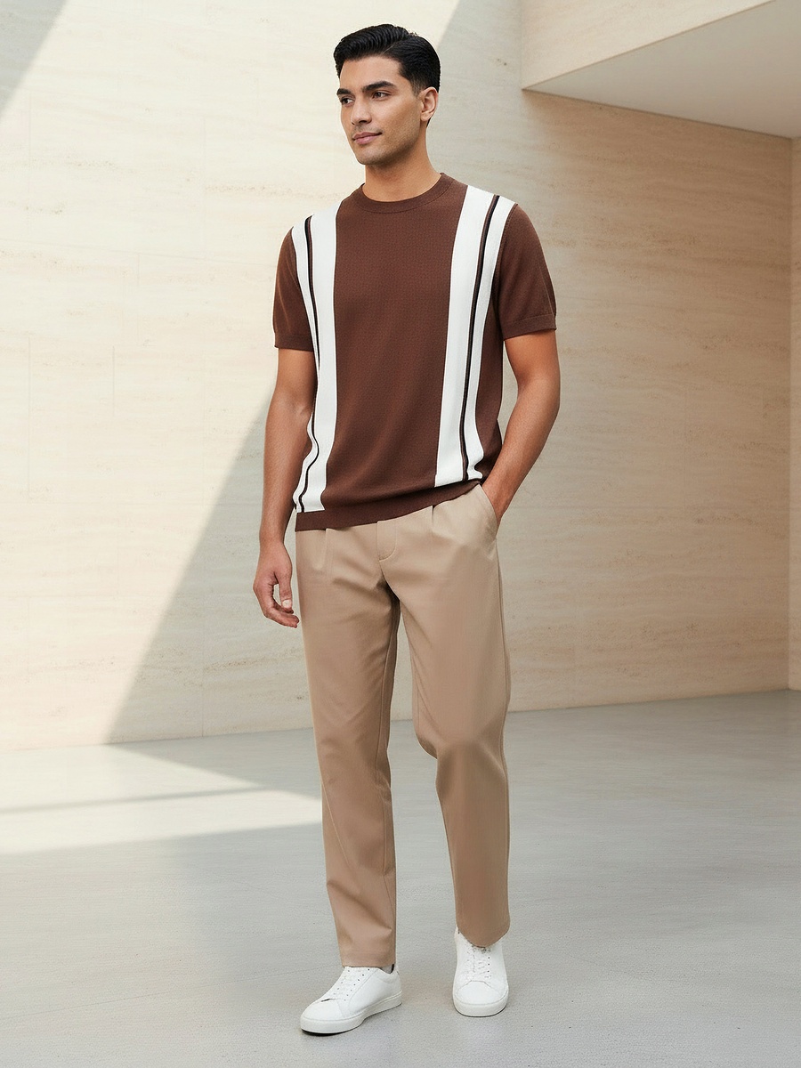 Men Regular Fit Crew Neck Short Sleeves Striped T-Shirt