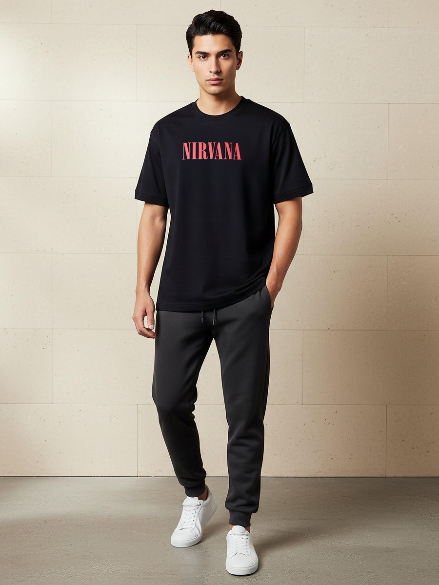 Men Relaxed Fit Crew Neck Short Sleeves Nirvana Print T-Shirt