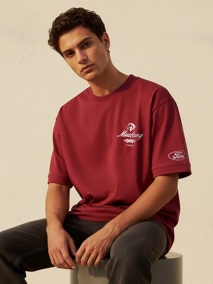 Men Regular Fit Crew Neck Short Sleeve Mustang Print T-Shirt