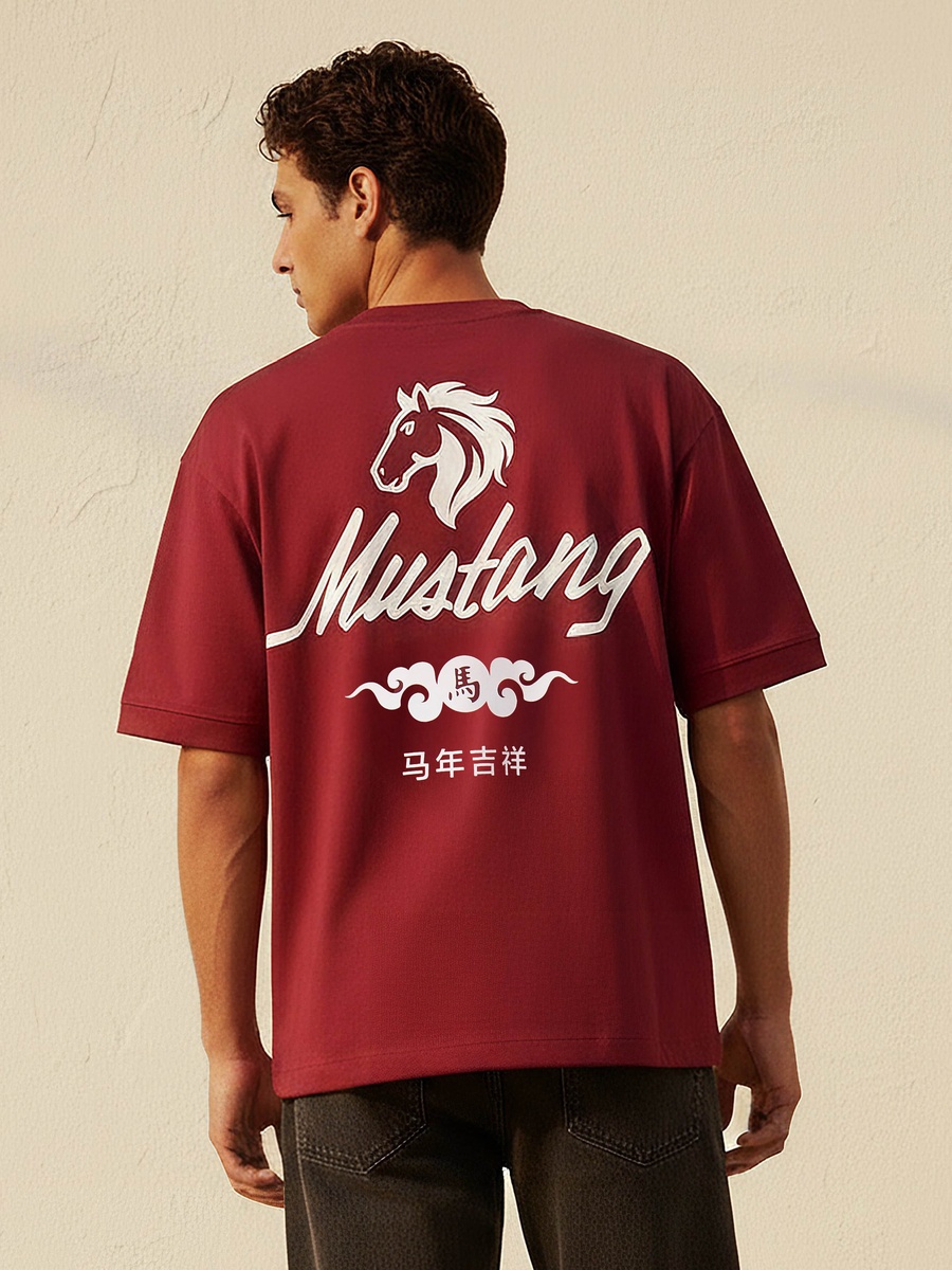 Men Regular Fit Crew Neck Short Sleeve Mustang Print T-Shirt