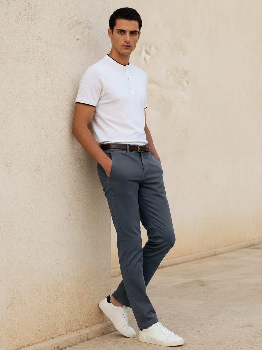 Men Slim Fit Belted Chinos