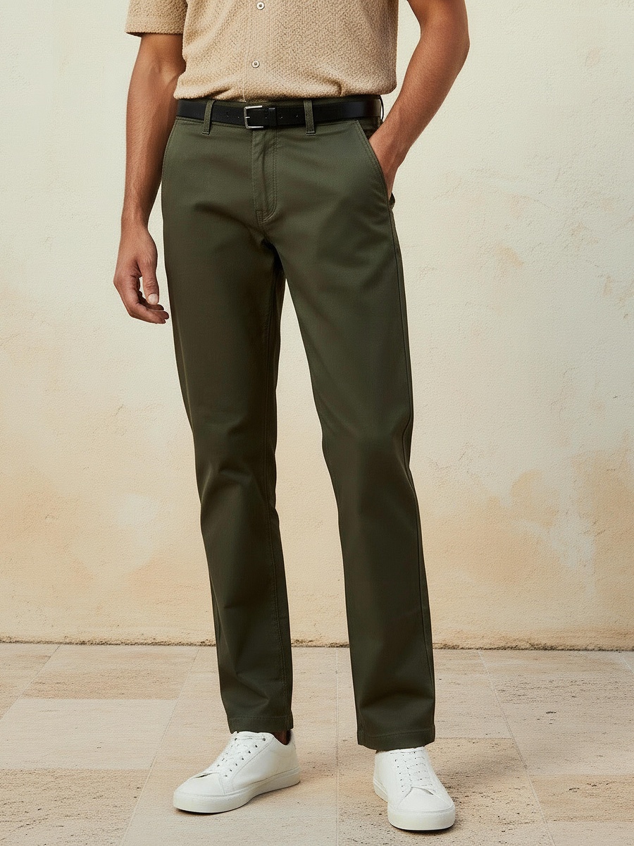Men Slim Fit Belted Chinos