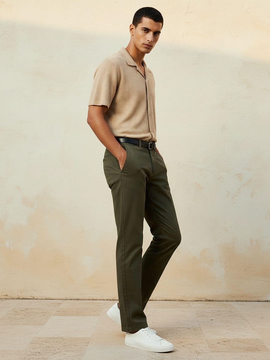 Men Slim Fit Belted Chinos