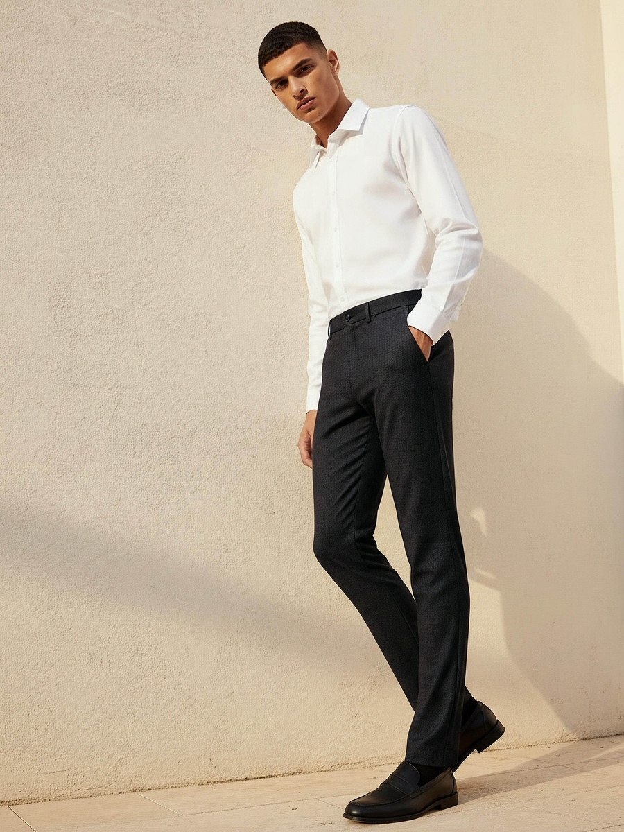 Men Regular Fit Dobby Formal Trousers