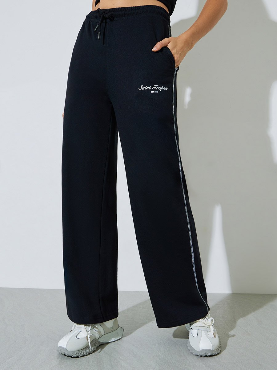 Black Wide Leg Joggers with Slogan and Cross Stitch Detail