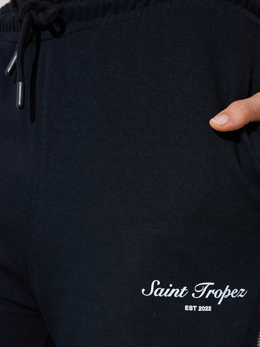 Black Wide Leg Joggers with Slogan and Cross Stitch Detail