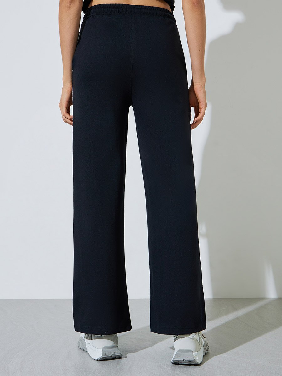 Black Wide Leg Joggers with Slogan and Cross Stitch Detail