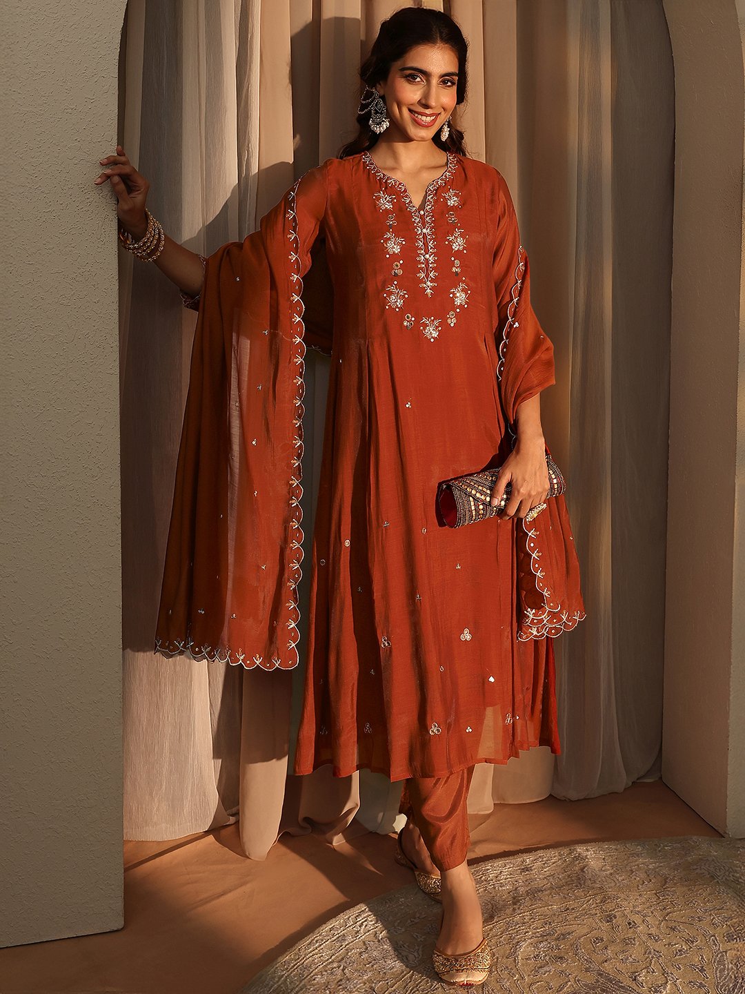 Embroidered Silk Blend A-Line Kurta, Trousers and Dupatta Set