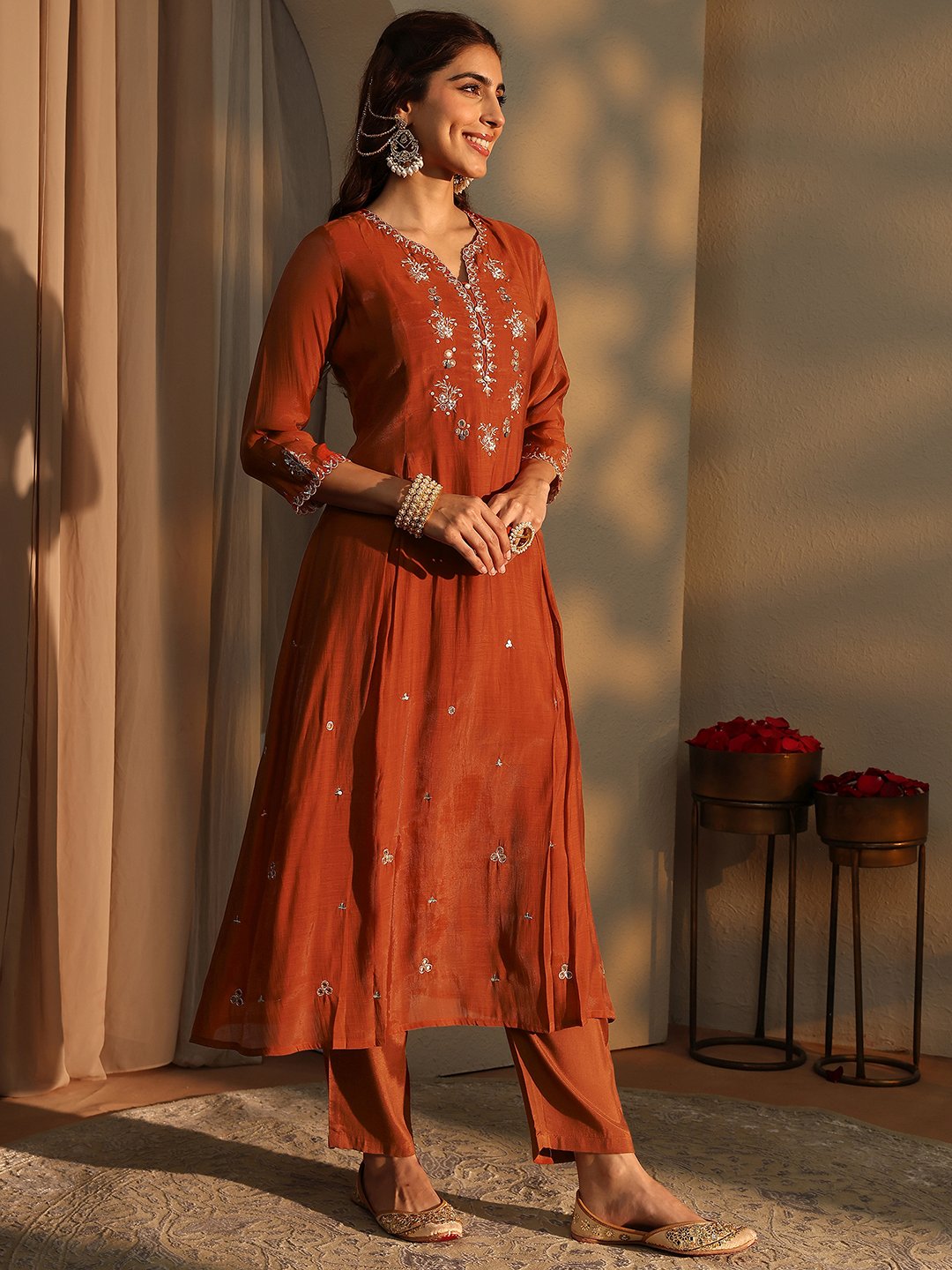 Embroidered Silk Blend A-Line Kurta, Trousers and Dupatta Set