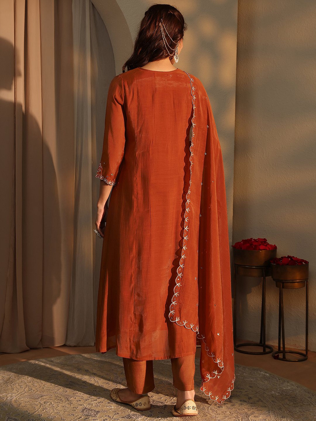 Embroidered Silk Blend A-Line Kurta, Trousers and Dupatta Set