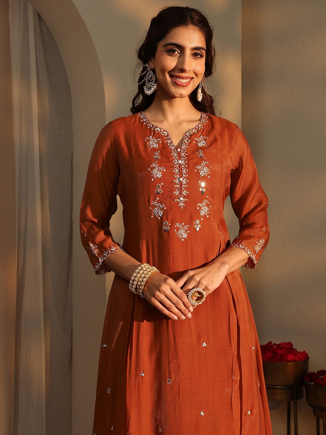 Embroidered Silk Blend A-Line Kurta, Trousers and Dupatta Set