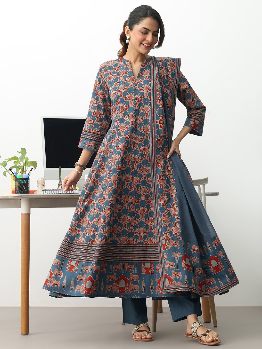 Blue Printed Cotton A-Line Kurta, Trousers and Dupatta Set