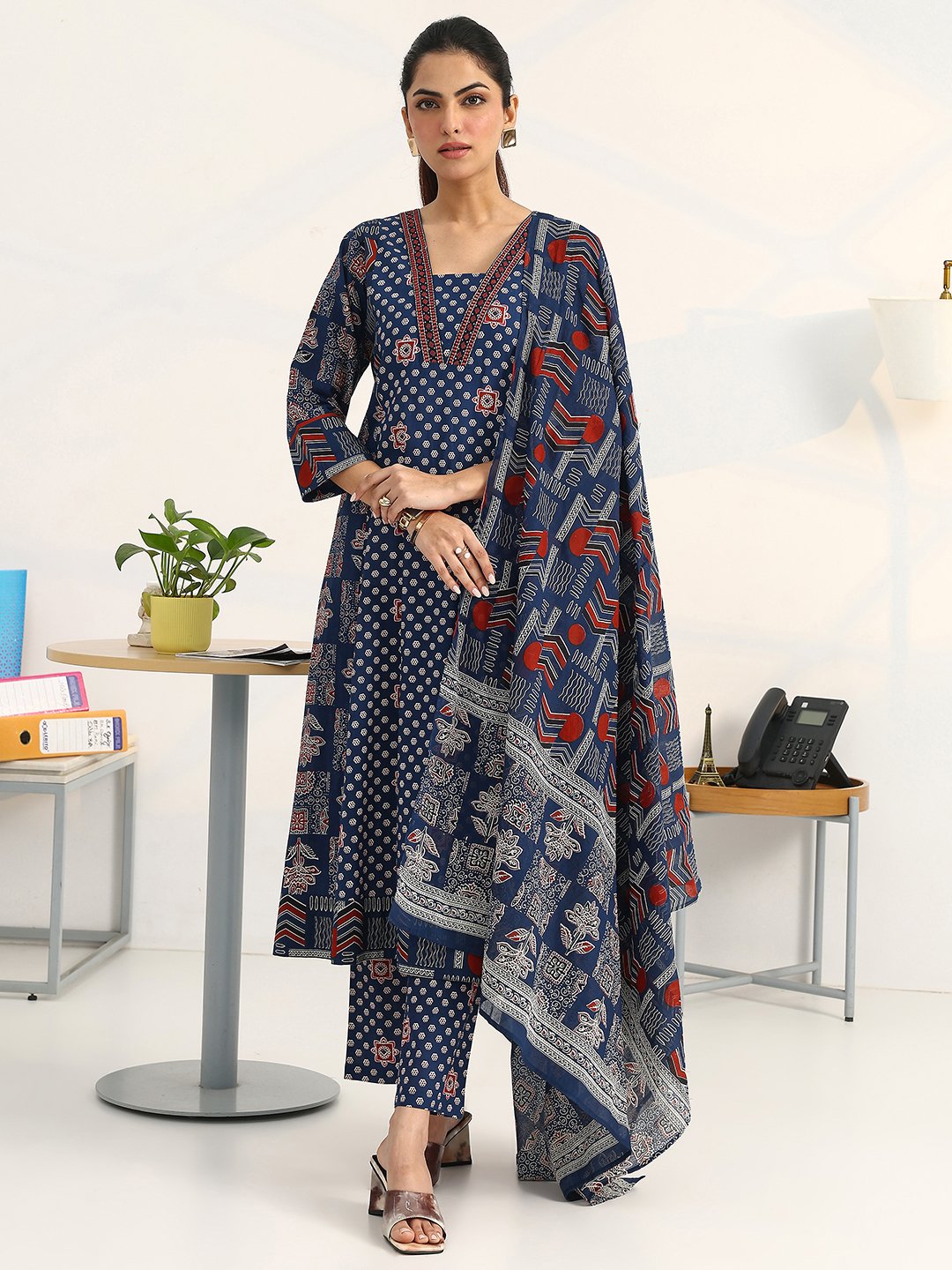 Blue Printed Cotton A-Line Kurta, Trousers and Dupatta Set