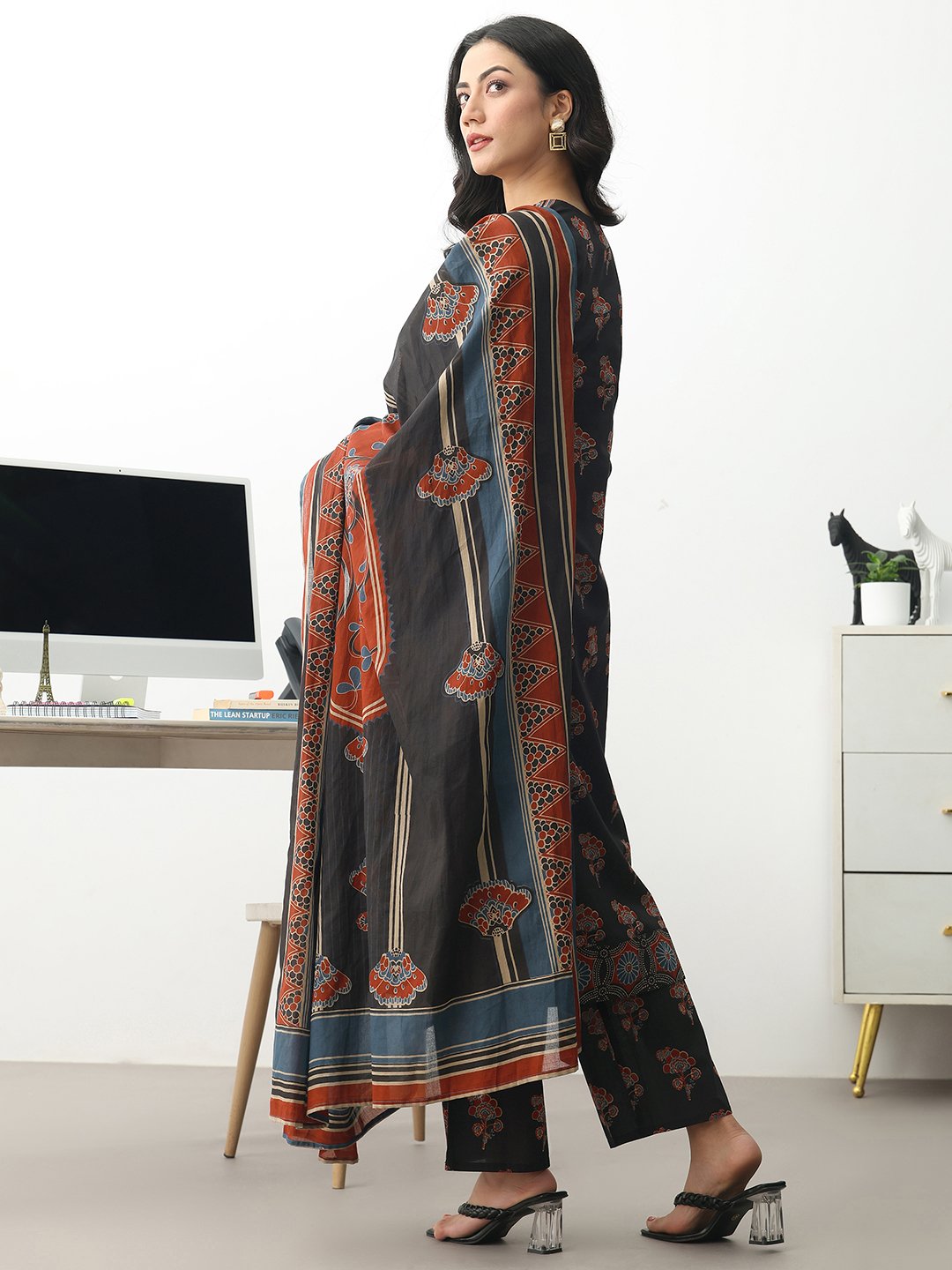 Black Printed Cotton A-Line Kurta, Trousers and Dupatta Set