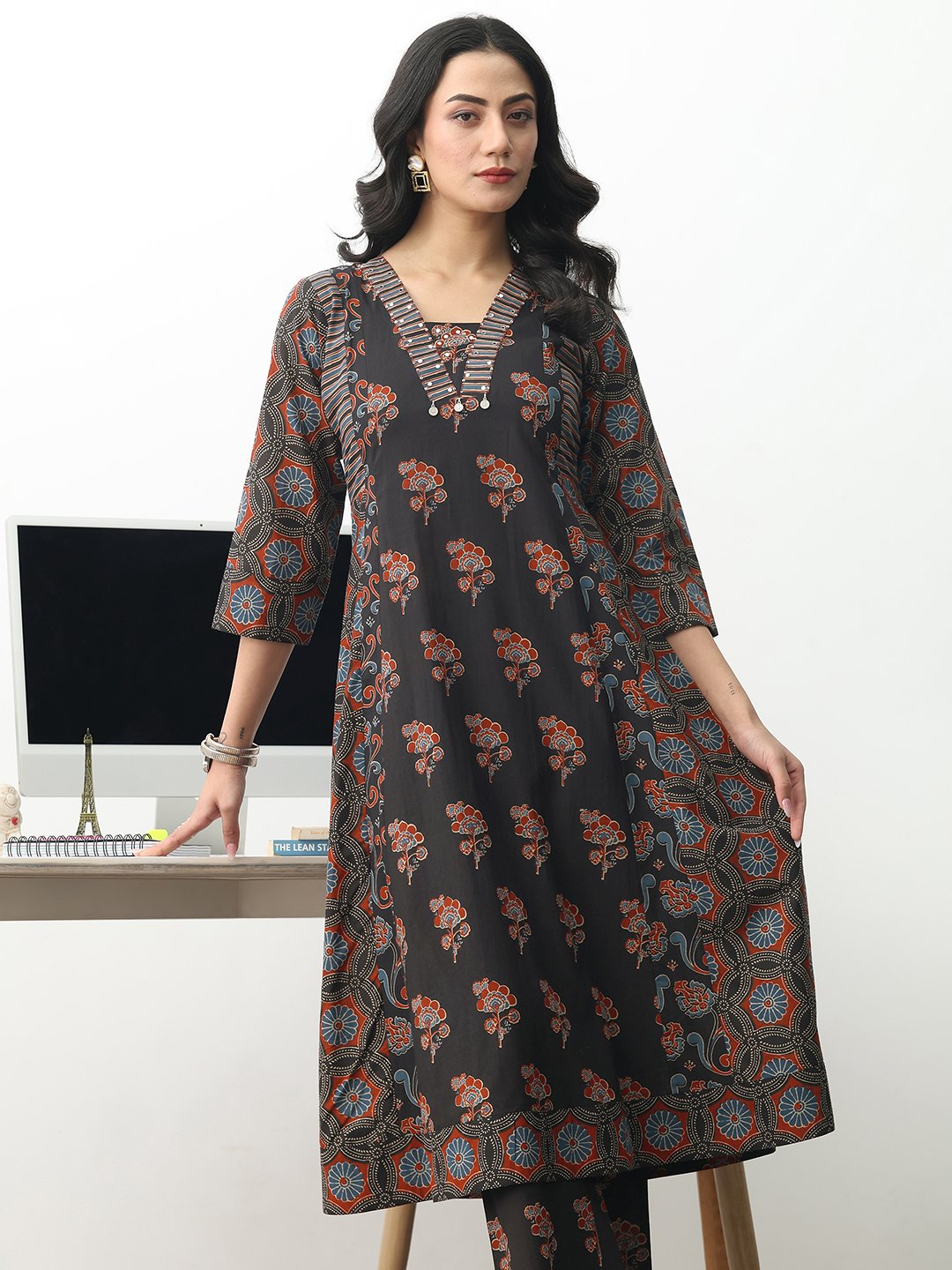Black Printed Cotton A-Line Kurta, Trousers and Dupatta Set