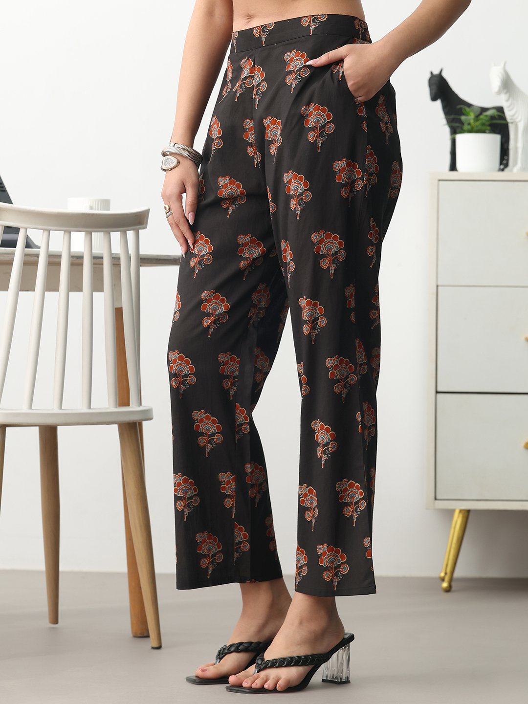 Black Printed Cotton A-Line Kurta, Trousers and Dupatta Set