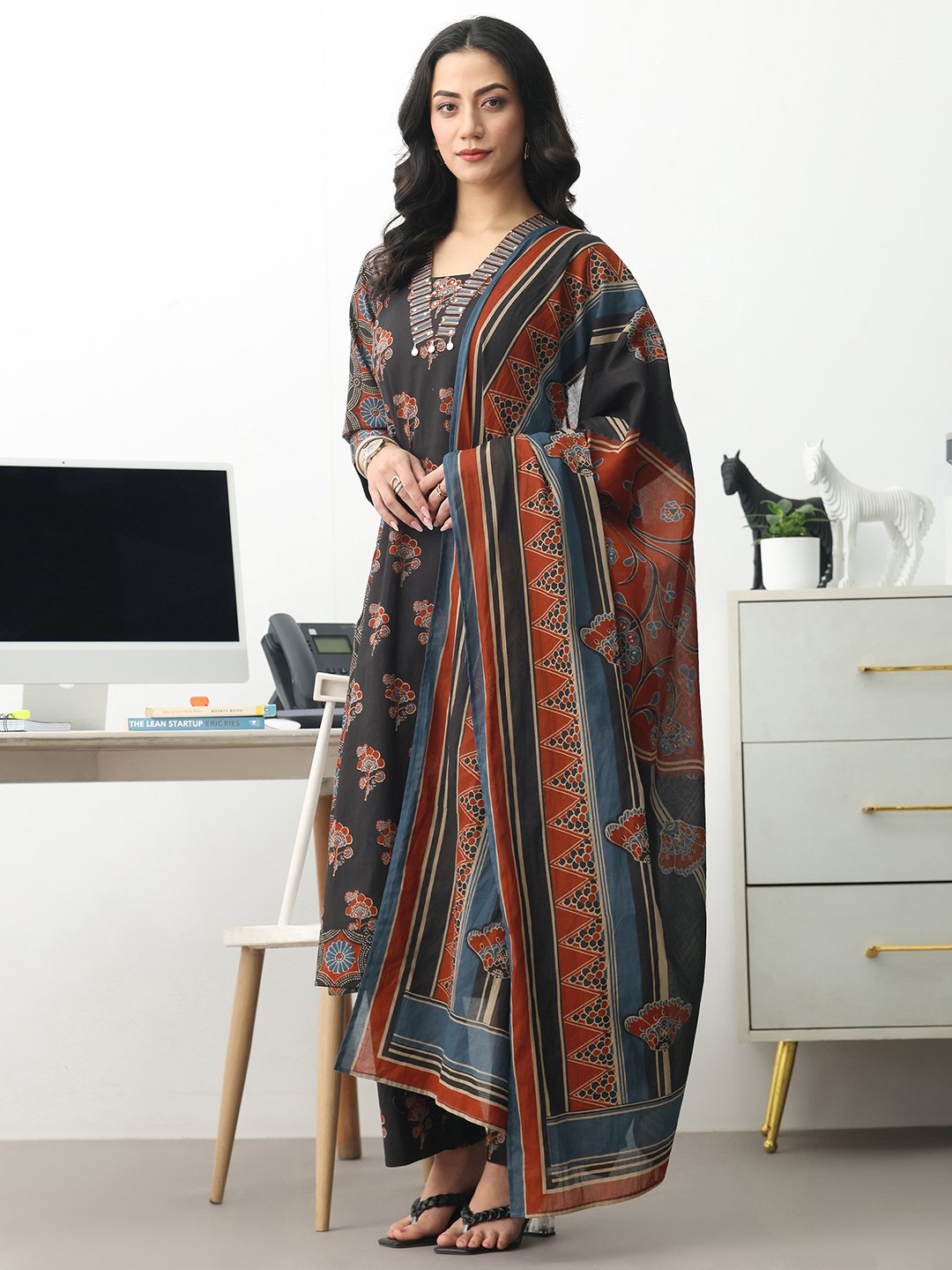 Black Printed Cotton A-Line Kurta, Trousers and Dupatta Set