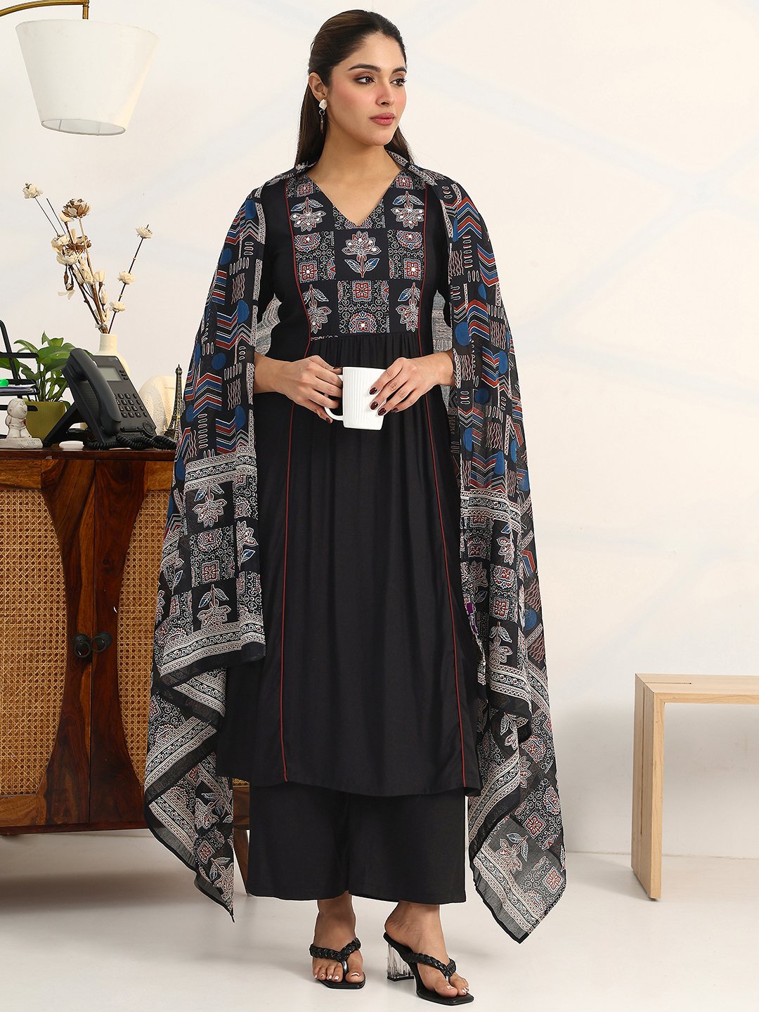 Black Printed Cotton Straight Kurta, Palazzos and Dupatta Set