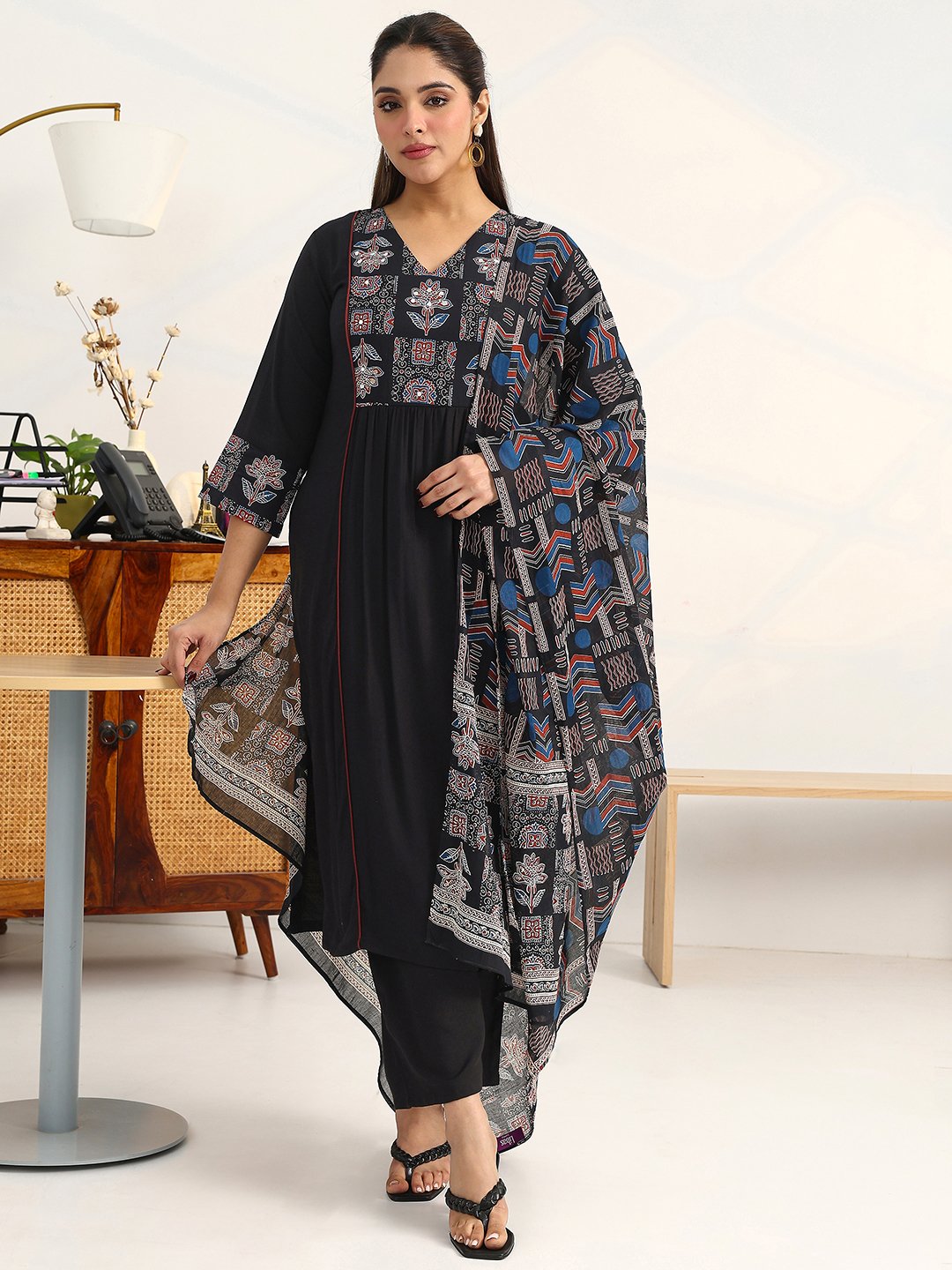 Black Printed Cotton Straight Kurta, Palazzos and Dupatta Set