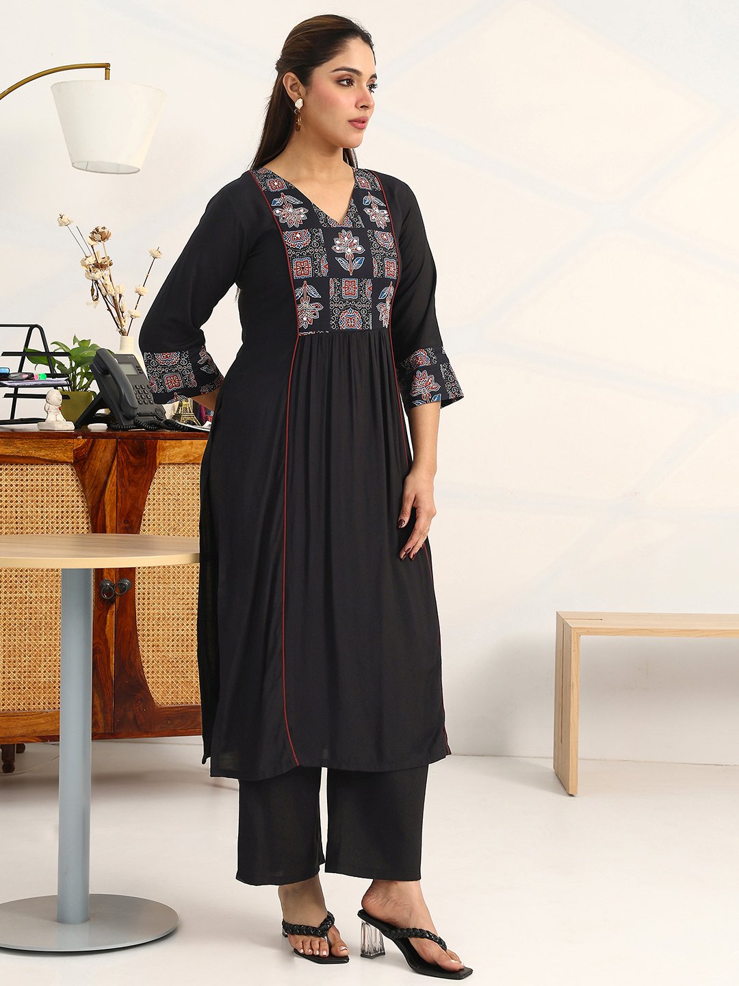Black Printed Cotton Straight Kurta, Palazzos and Dupatta Set