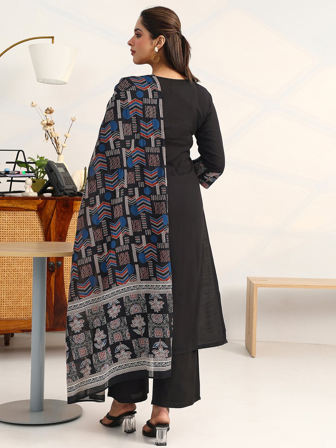 Black Printed Cotton Straight Kurta, Palazzos and Dupatta Set