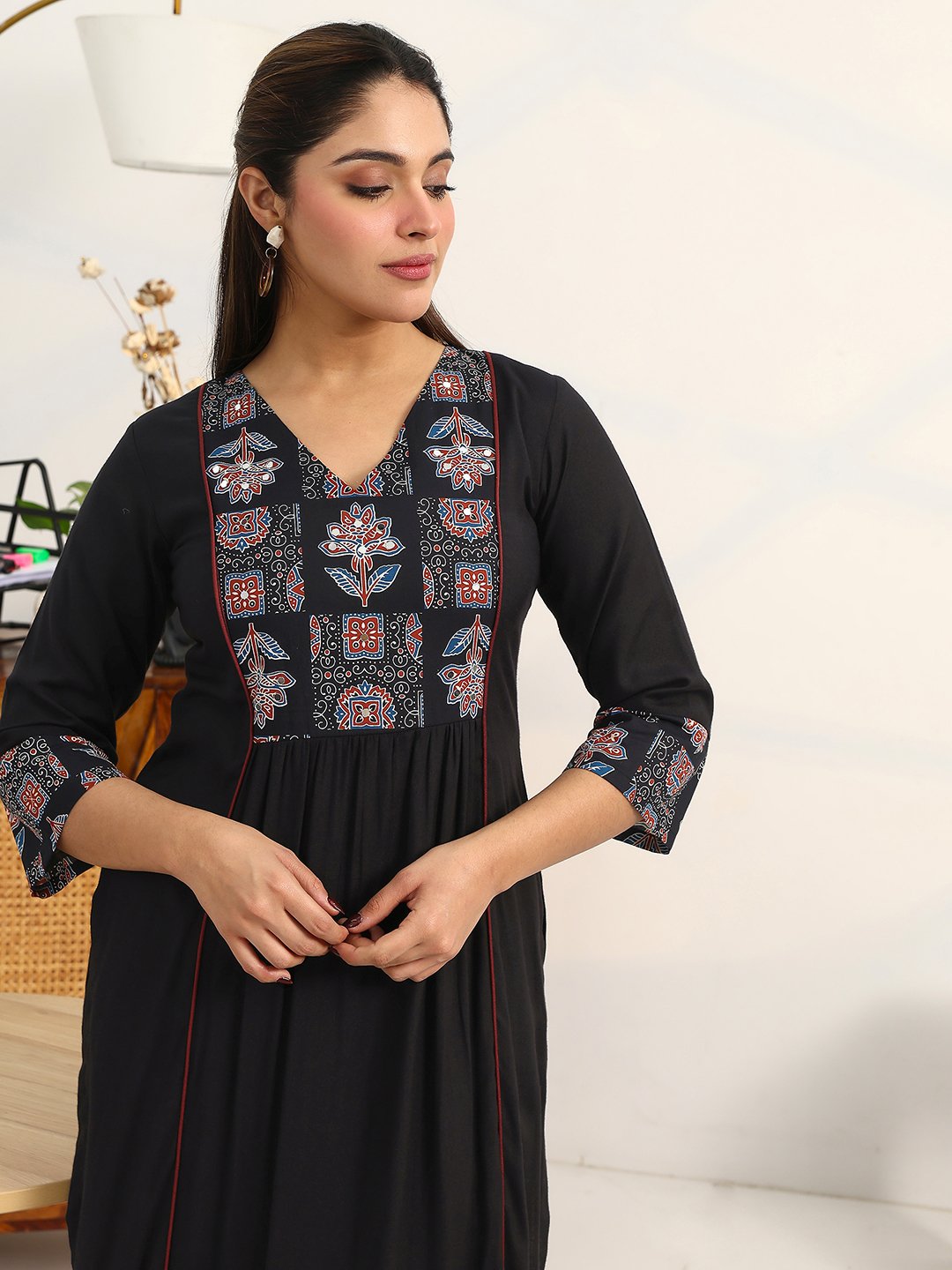 Black Printed Cotton Straight Kurta, Palazzos and Dupatta Set
