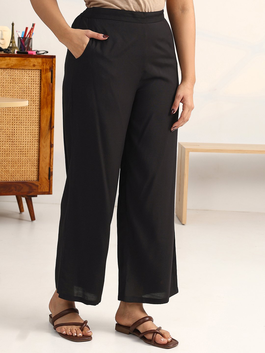 Black Printed Cotton Straight Kurta, Palazzos and Dupatta Set