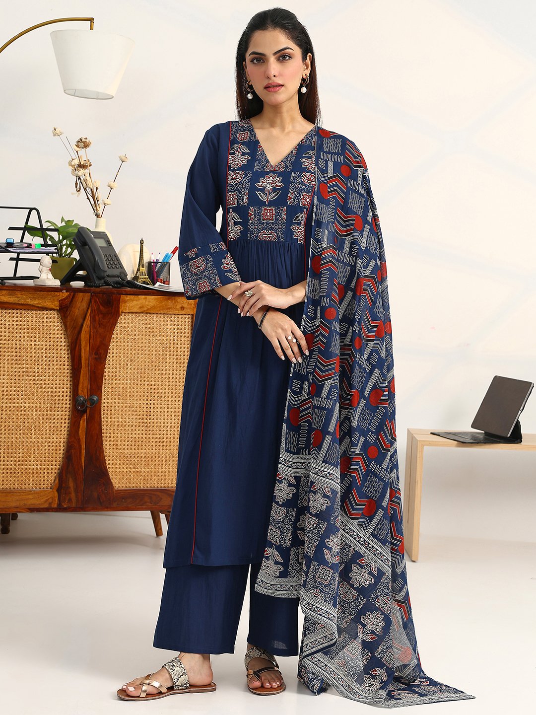 Blue Printed Cotton Straight Kurta, Palazzos and Dupatta Set