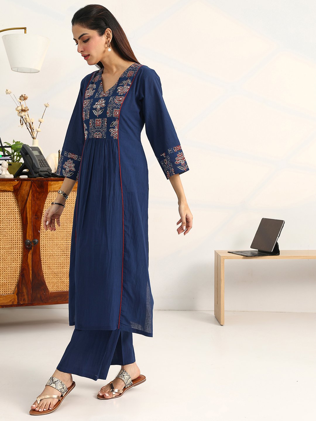 Blue Printed Cotton Straight Kurta, Palazzos and Dupatta Set