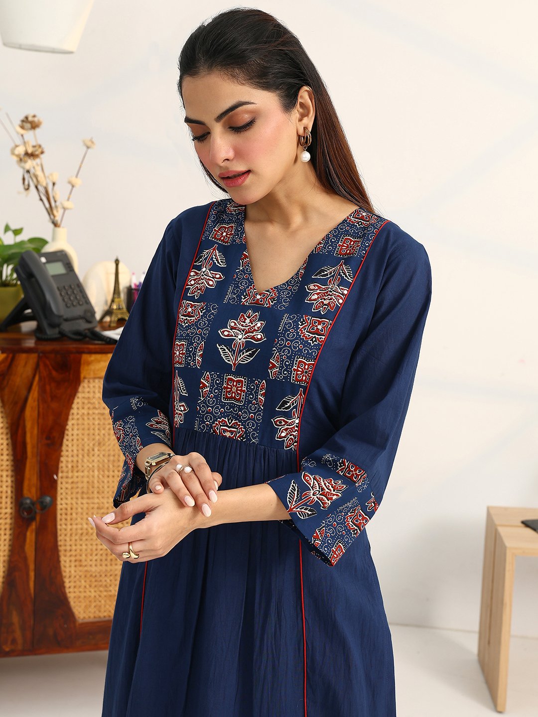 Blue Printed Cotton Straight Kurta, Palazzos and Dupatta Set