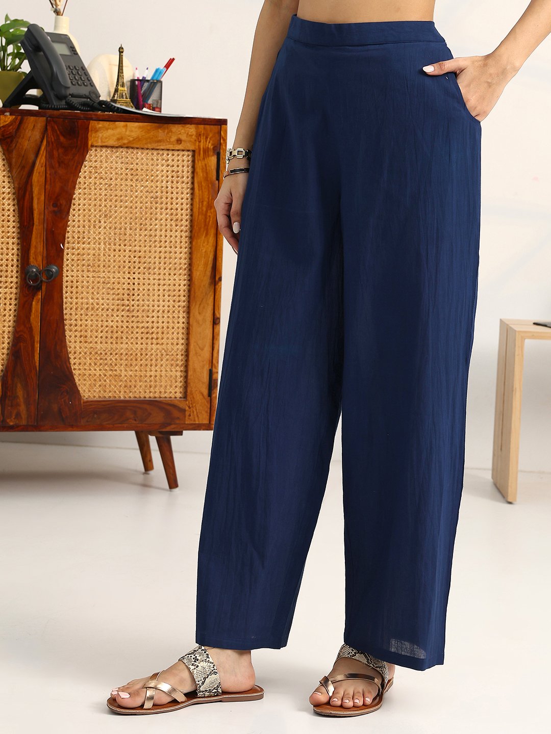 Blue Printed Cotton Straight Kurta, Palazzos and Dupatta Set