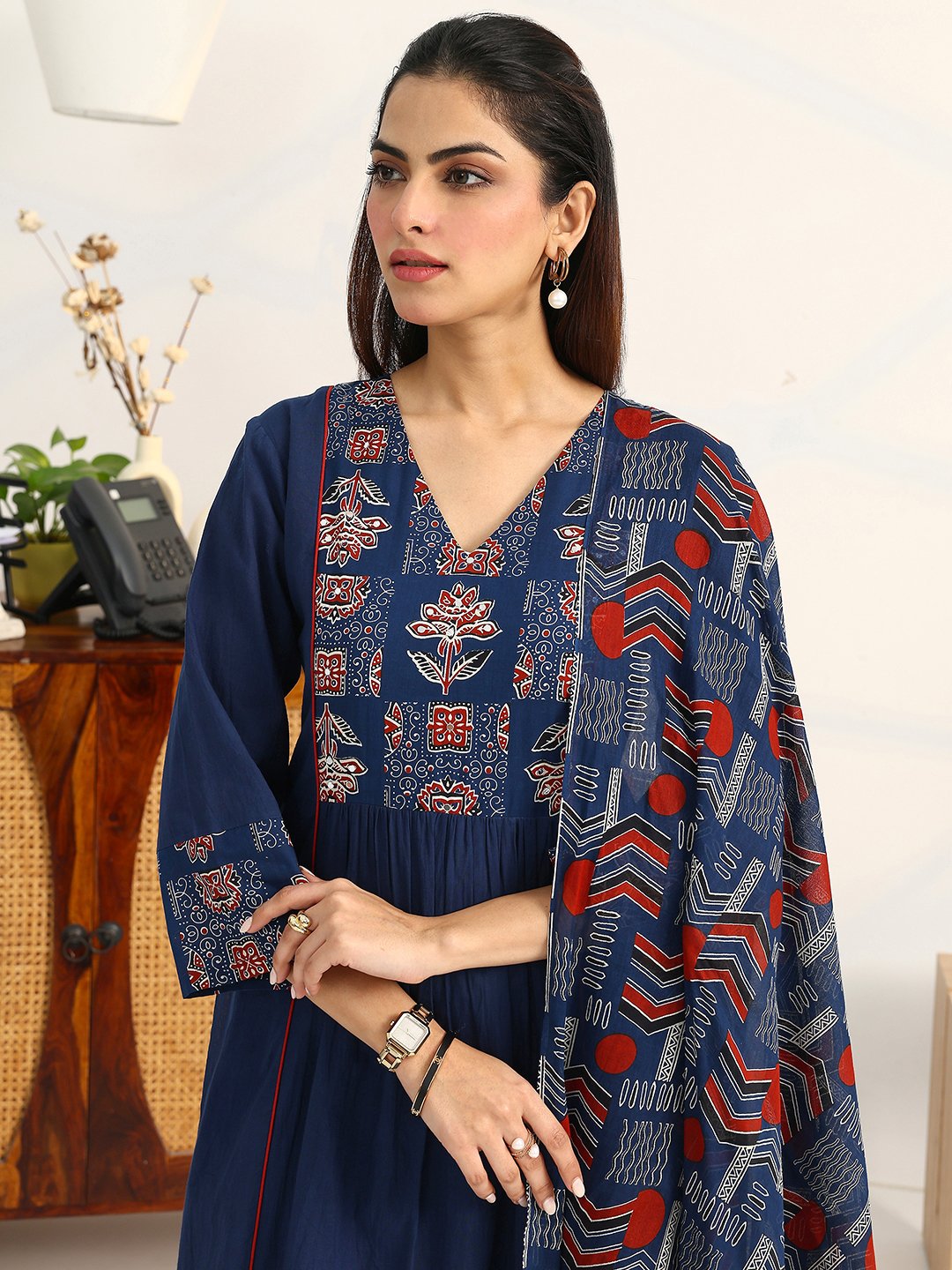 Blue Printed Cotton Straight Kurta, Palazzos and Dupatta Set