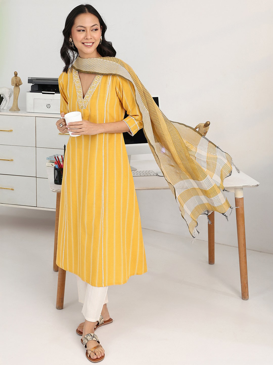 Yellow Printed Cotton Blend Kurta, Trousers and Dupatta Set