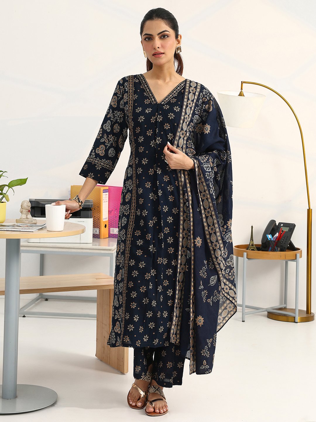 Navy Blue Printed Cotton Straight Kurta, Palazzoo and Dupatta Set