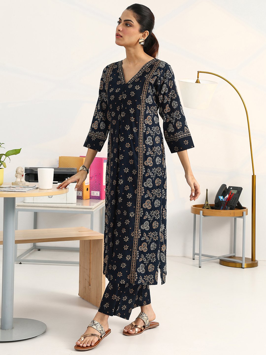 Navy Blue Printed Cotton Straight Kurta, Palazzoo and Dupatta Set