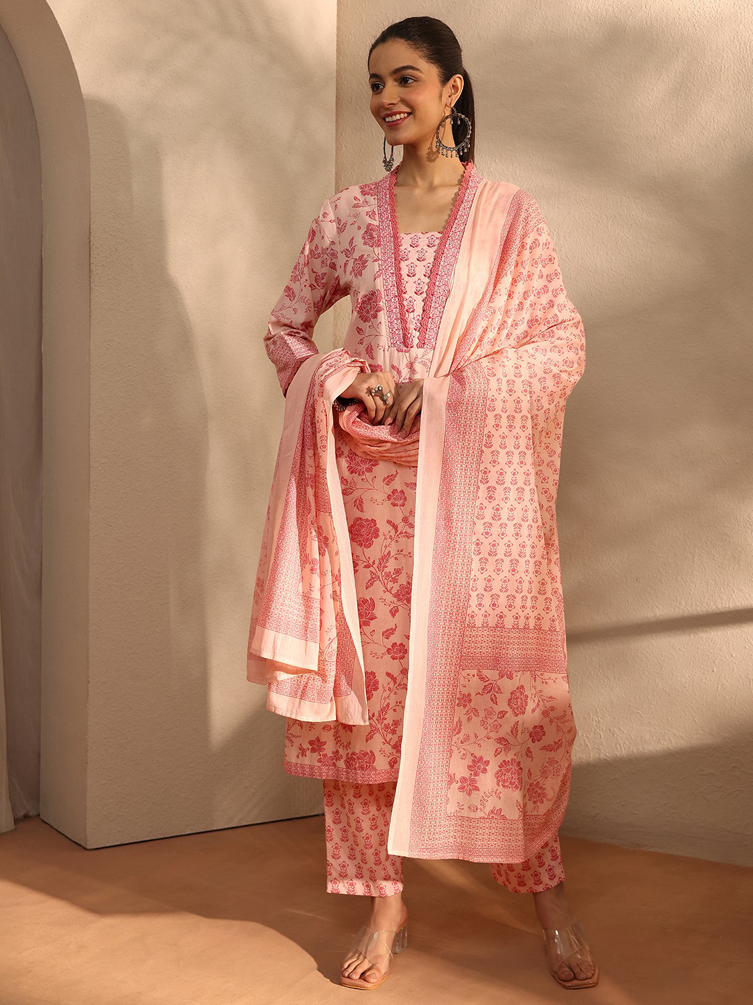 Peach Printed Cotton Straight Kurta, Trousers and Dupatta Set