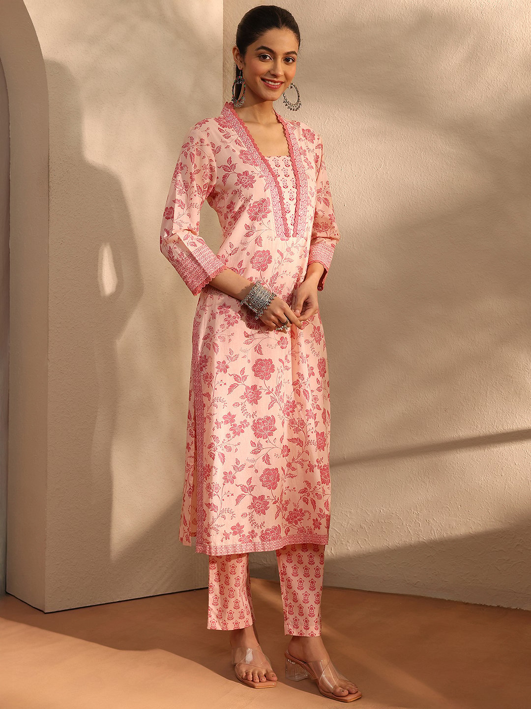 Peach Printed Cotton Straight Kurta, Trousers and Dupatta Set