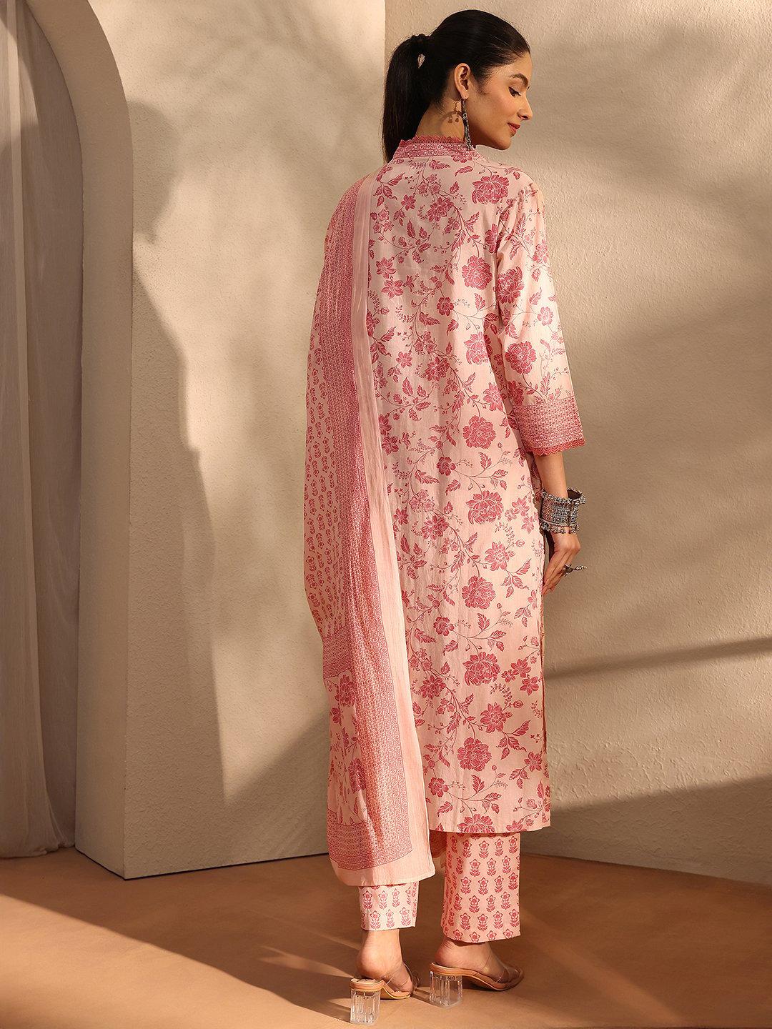 Peach Printed Cotton Straight Kurta, Trousers and Dupatta Set