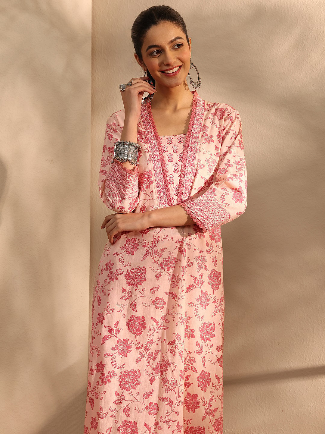 Peach Printed Cotton Straight Kurta, Trousers and Dupatta Set