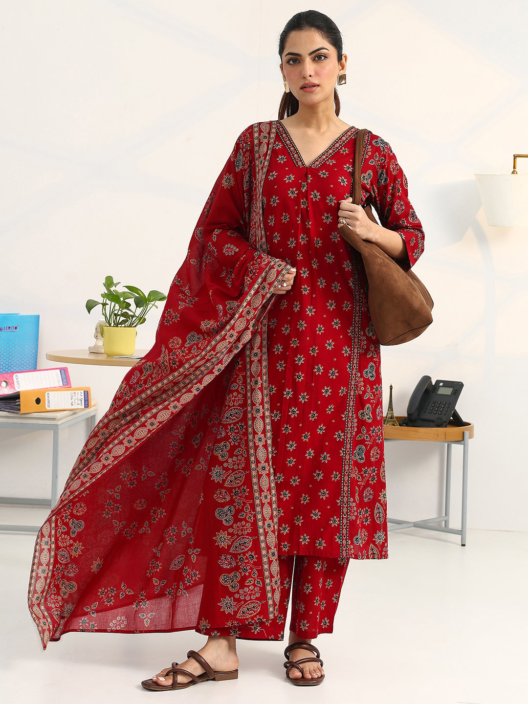 Red Printed Cotton Straight Kurta, Palazzos and Dupatta Set