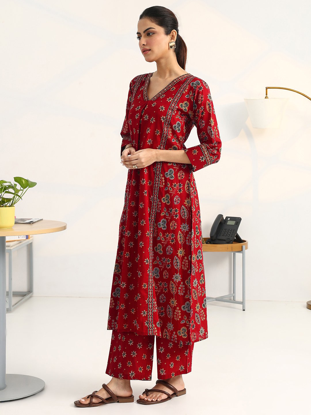 Red Printed Cotton Straight Kurta, Palazzos and Dupatta Set
