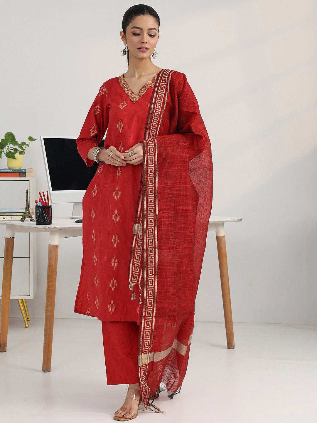 Red Woven Design Cotton Blend Straight Kurta with Trousers and Dupatta Set