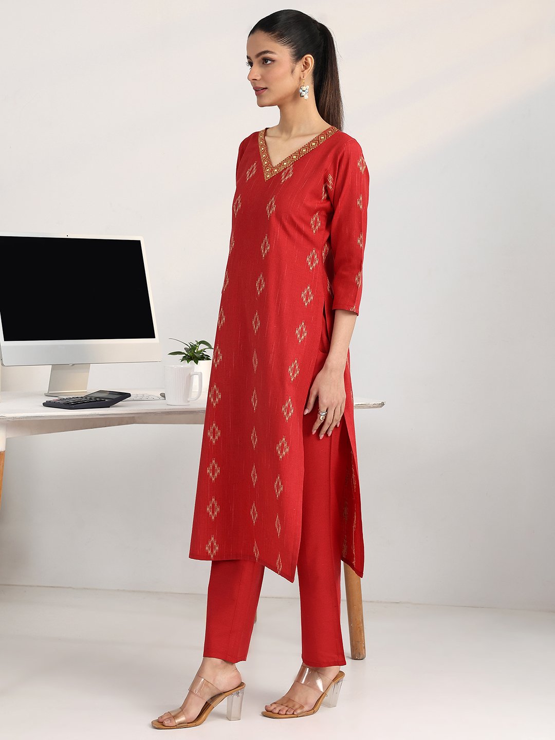 Red Woven Design Cotton Blend Straight Kurta with Trousers and Dupatta Set