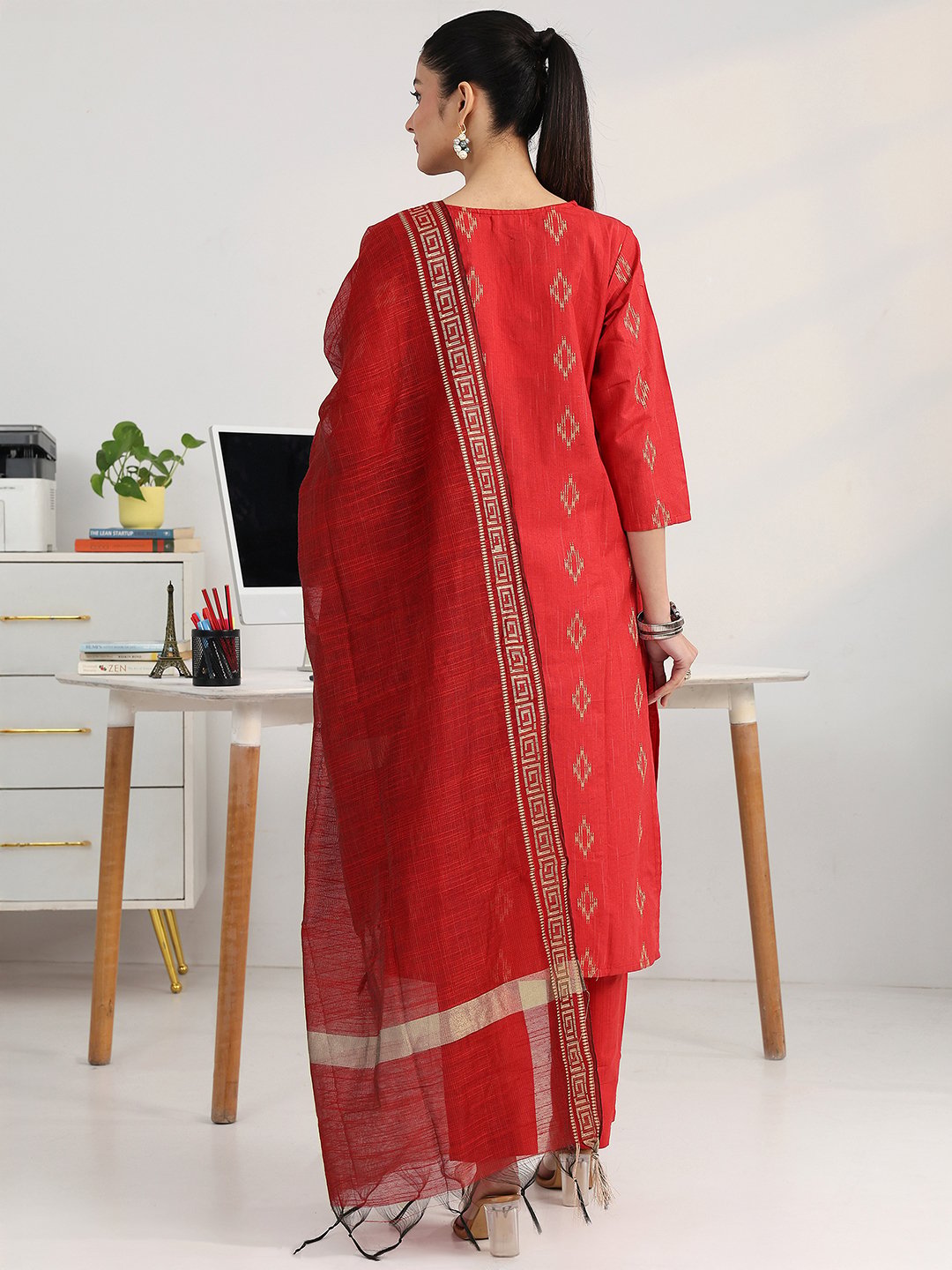 Red Woven Design Cotton Blend Straight Kurta with Trousers and Dupatta Set