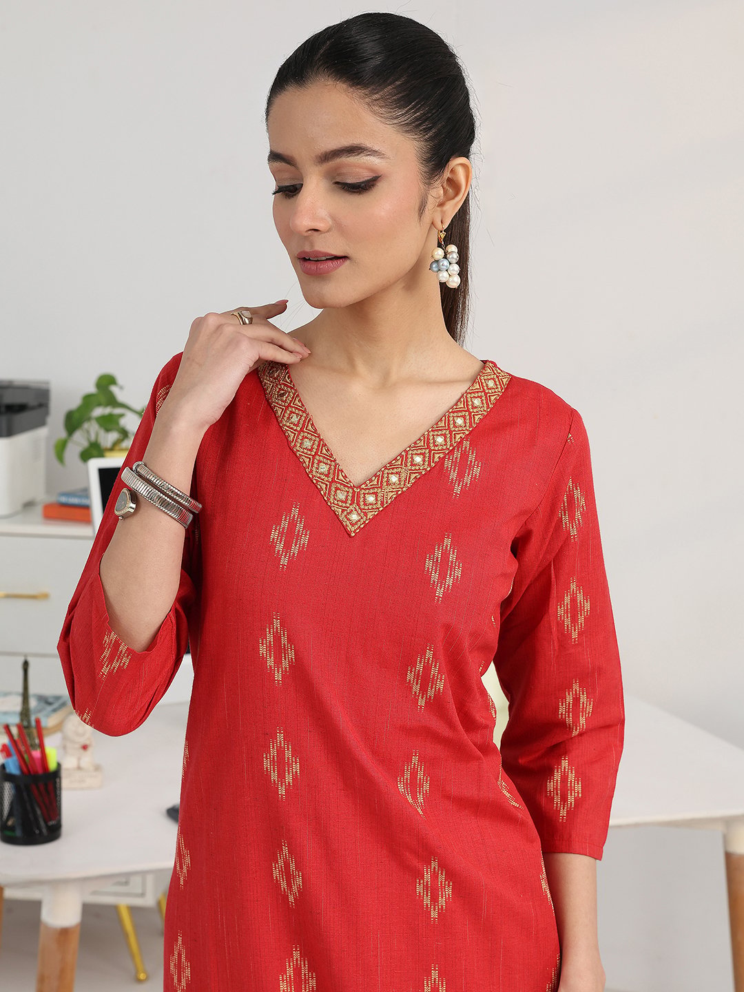 Red Woven Design Cotton Blend Straight Kurta with Trousers and Dupatta Set