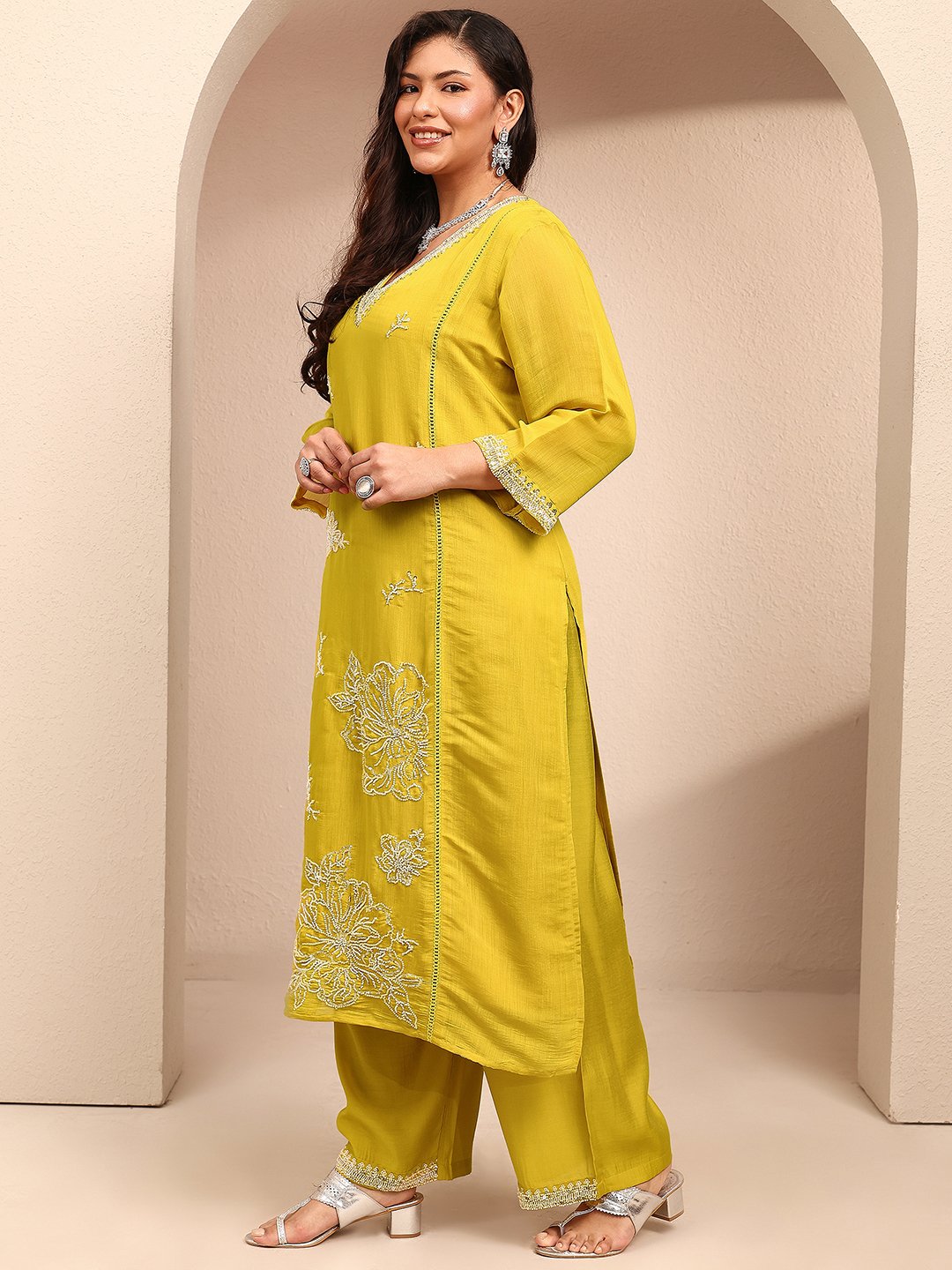 Plus Size Embellished Silk Blend Straight Kurta, Trousers and Dupatta Set