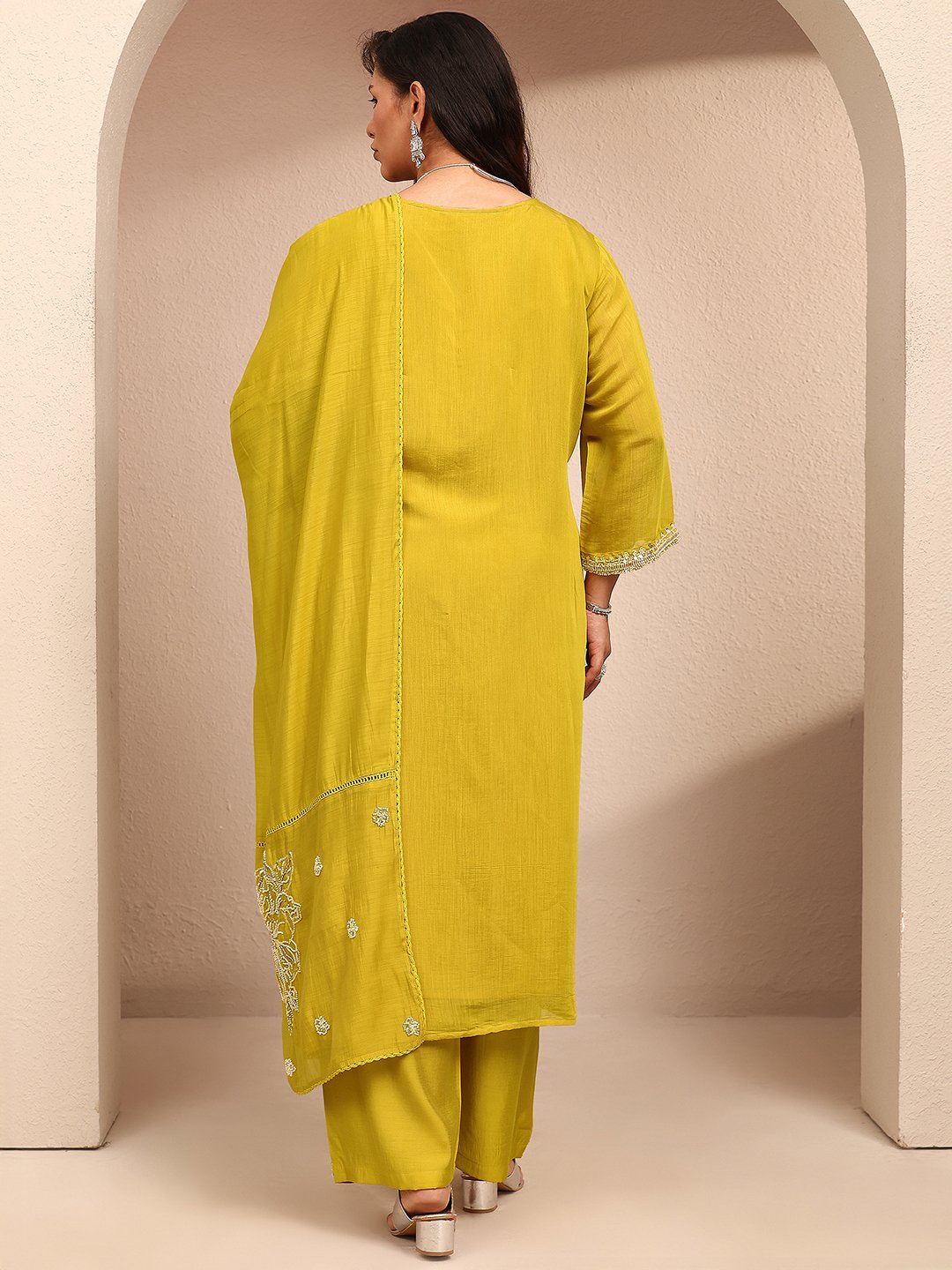 Plus Size Embellished Silk Blend Straight Kurta, Trousers and Dupatta Set
