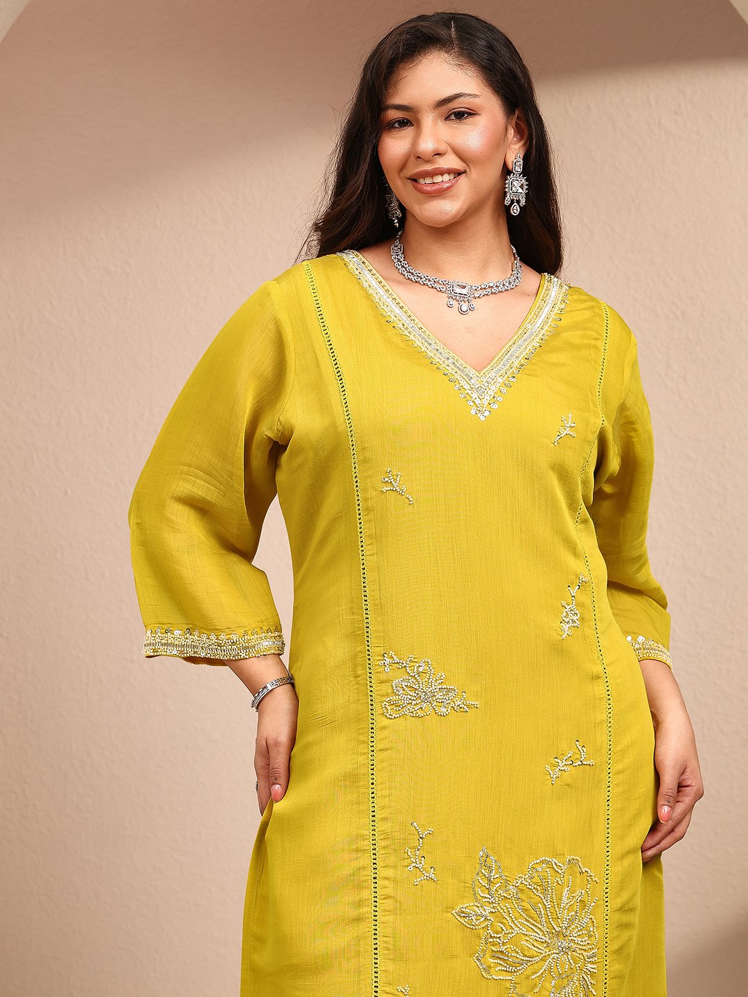 Plus Size Embellished Silk Blend Straight Kurta, Trousers and Dupatta Set