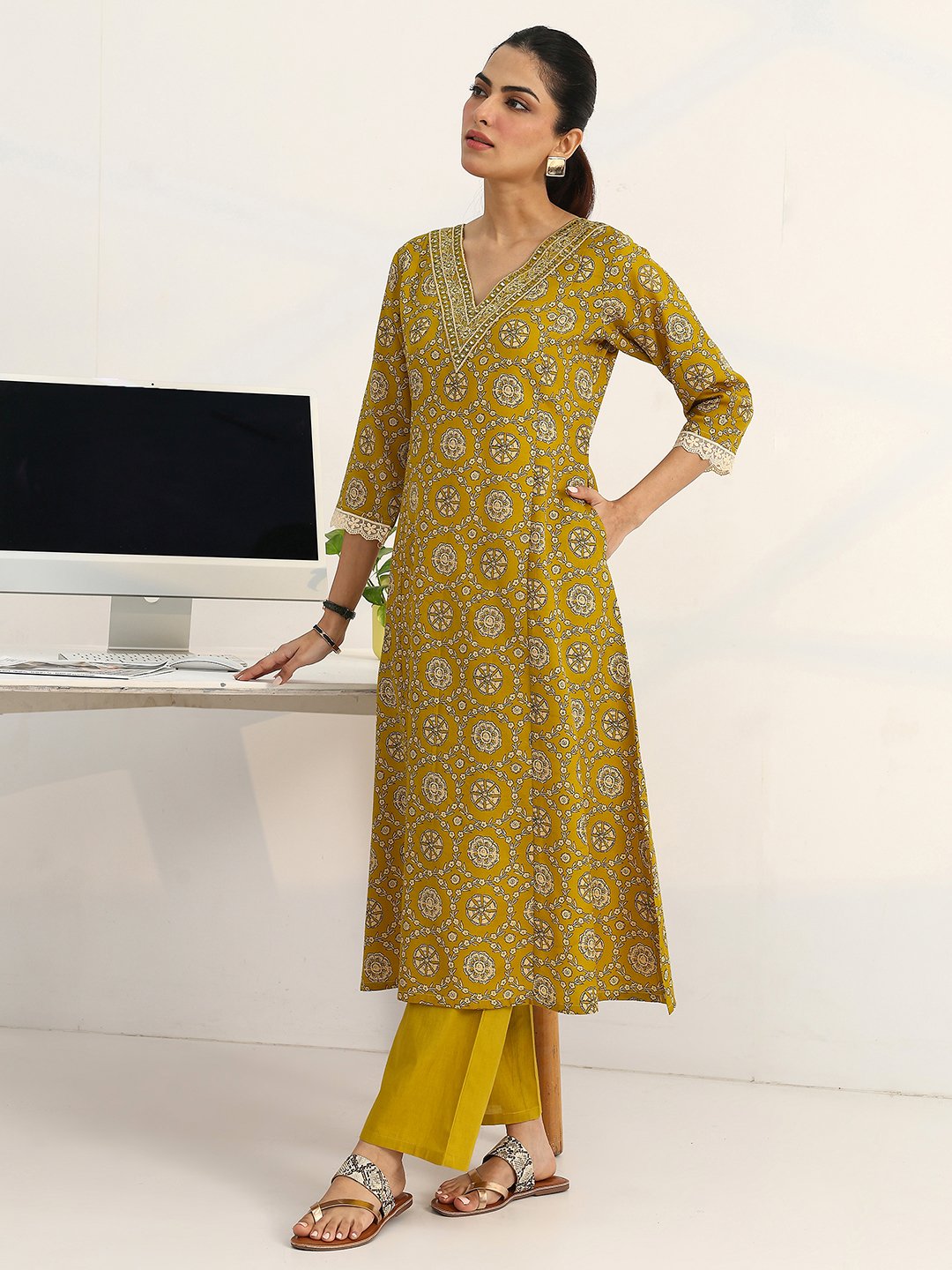 Green Printed Cotton A-Line Kurta with Trousers and Dupatta Set