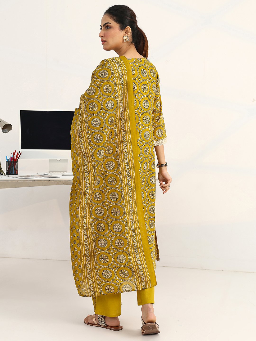 Green Printed Cotton A-Line Kurta with Trousers and Dupatta Set